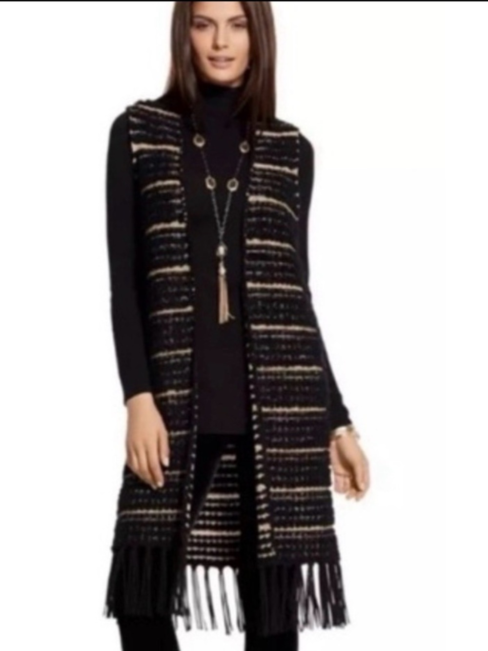Chico’s Black Gold Open Boho Wool Blend Long Sweater Vest Western Fringe Size L